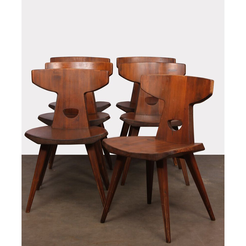 Set of 6 vintage solid pine chairs by Jacob Kielland-Brandt for Christiansen, 1960
