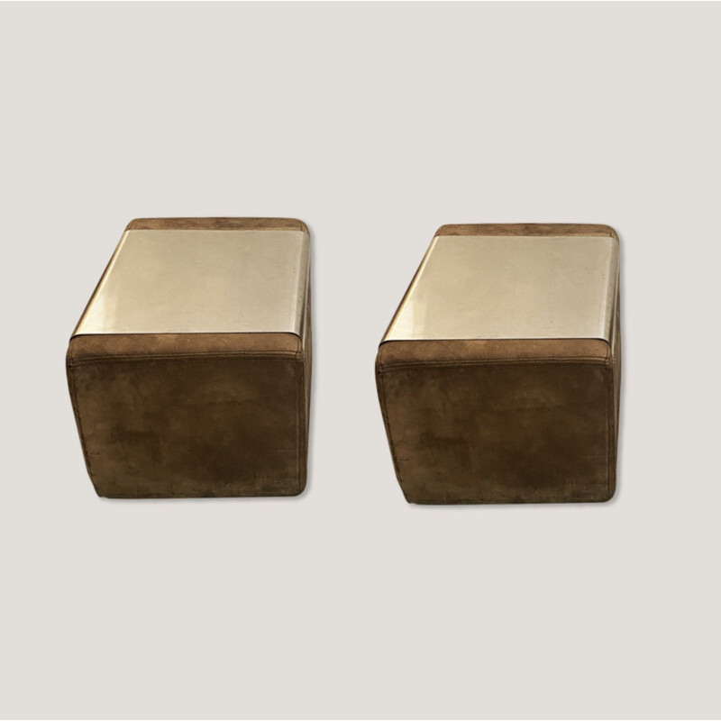 Pair of vintage suede bedside tables with removable aluminum top, 1970