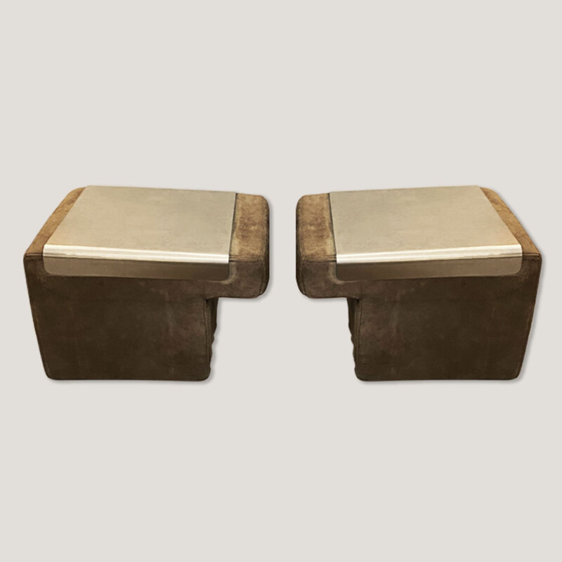 Pair of vintage suede bedside tables with removable aluminum top, 1970