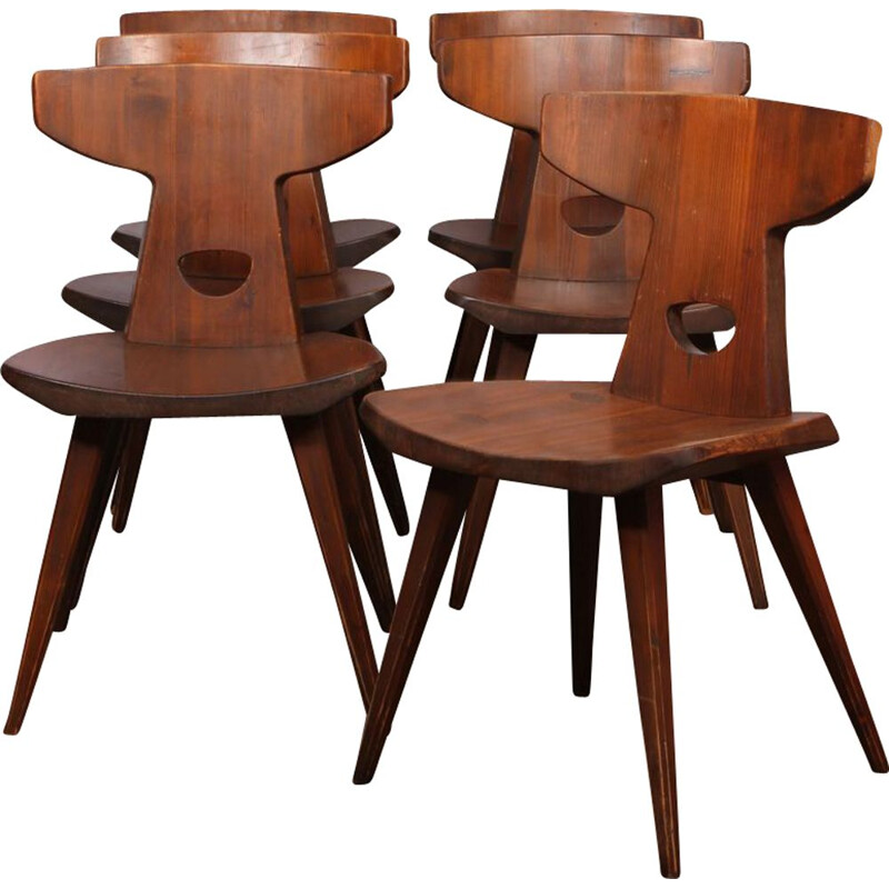 Set of 6 vintage solid pine chairs by Jacob Kielland-Brandt for Christiansen, 1960
