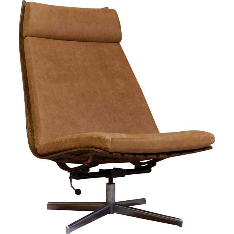 Fauteuil vintage Scandia pivotant en cuir pleine fleur et palissandre par Hans Brattrud, Norvège 1959