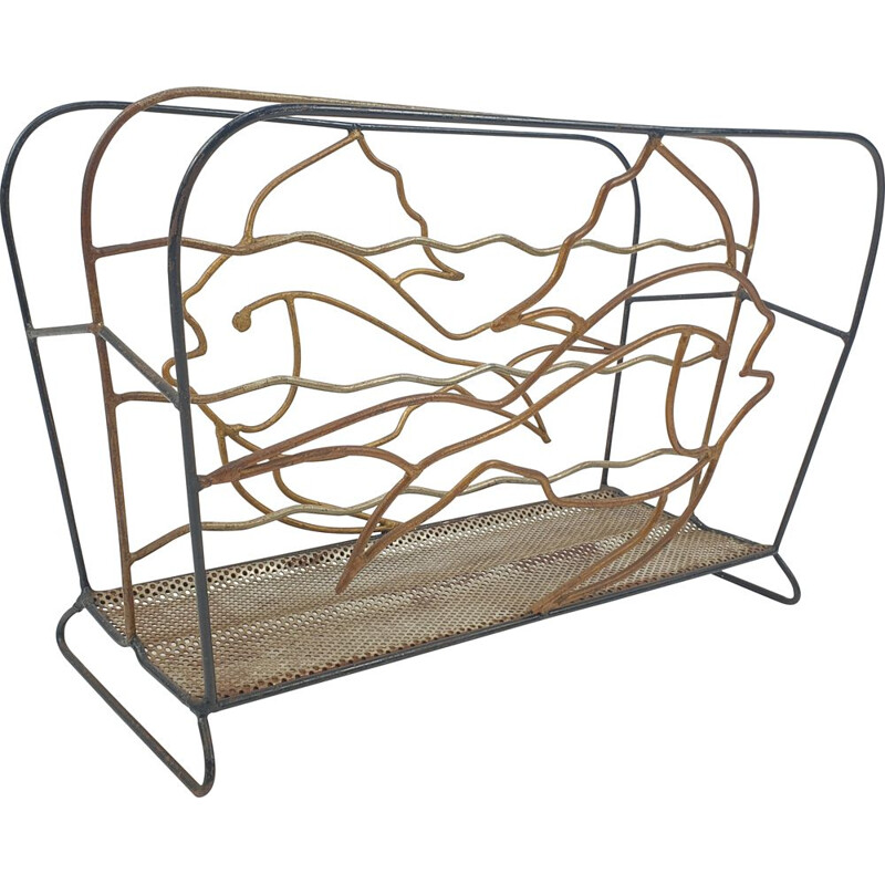 Vintage metal magazine rack with fish, France 1950