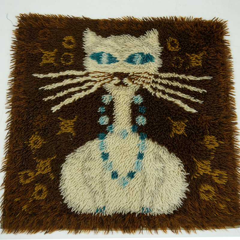 Vintage Wool Rug with Cat Danish 1960s
