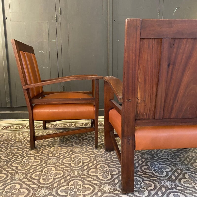 Paire de fauteuils vintage en cuir gold coloniaux, France 1944