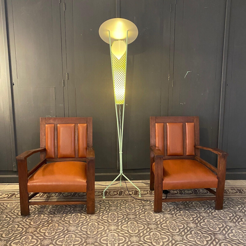 Pair of vintage colonial gold leather armchairs, France 1944