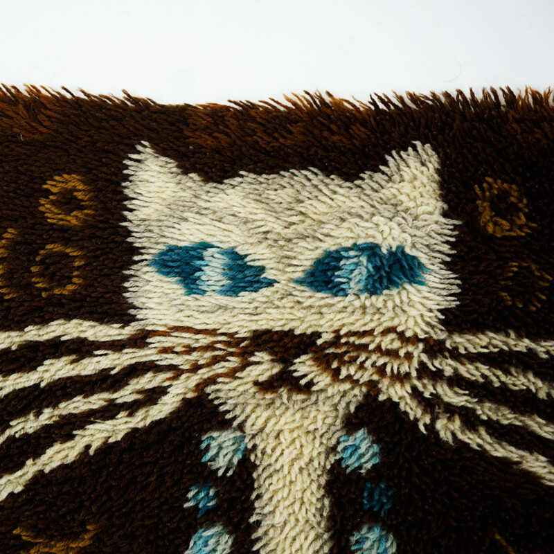 Vintage Wool Rug with Cat Danish 1960s