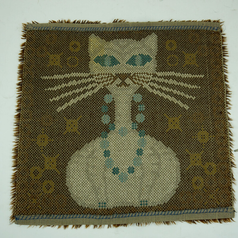 Vintage Wool Rug with Cat Danish 1960s