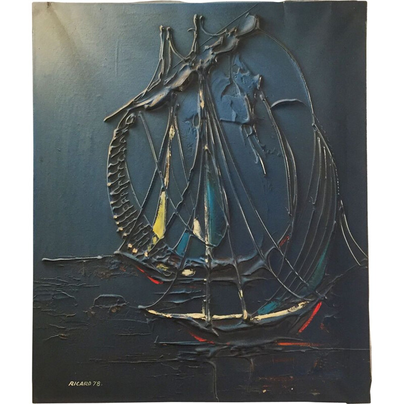 Vintage nautical painting Ship "Ricard 78" Spanish Acrylic, Spain 1970