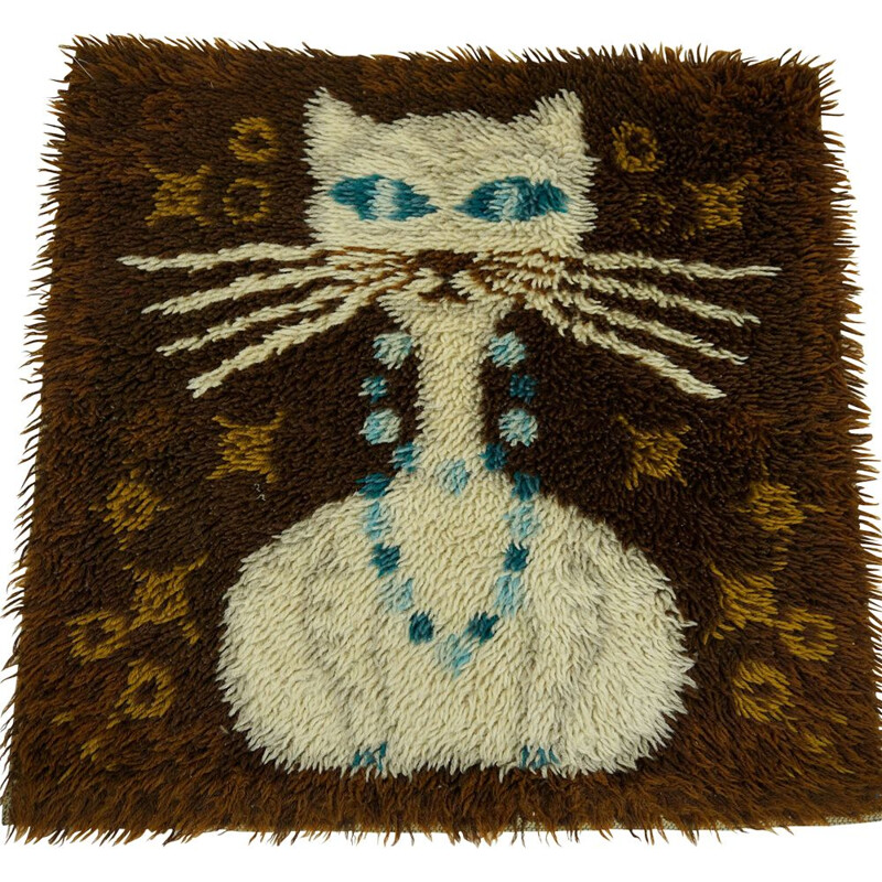 Vintage Wool Rug with Cat Danish 1960s