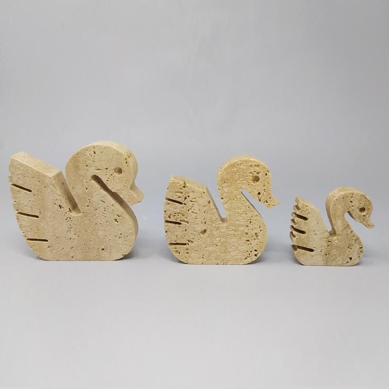 Set of 3 vintage Original Travertine Swans Sculptures by Enzo Mari for F.lli Mannelli 1970s