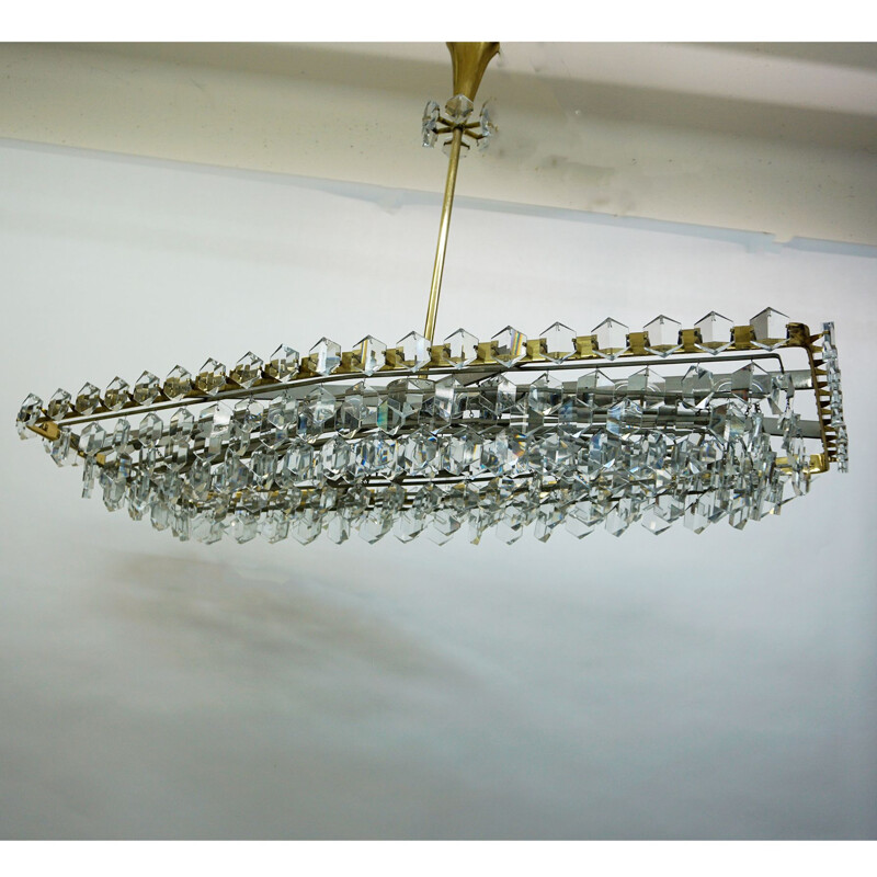 Large  Midcentury Brass and Crystal Glass Chandelier by Oswald Haerdtl for J.L. Lobmeyr Austrian