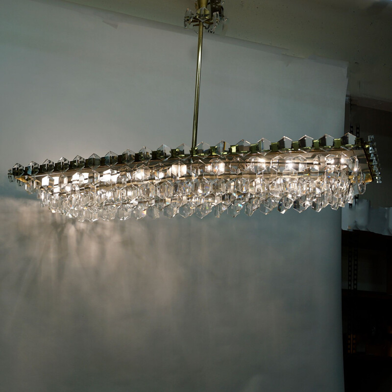 Large  Midcentury Brass and Crystal Glass Chandelier by Oswald Haerdtl for J.L. Lobmeyr Austrian