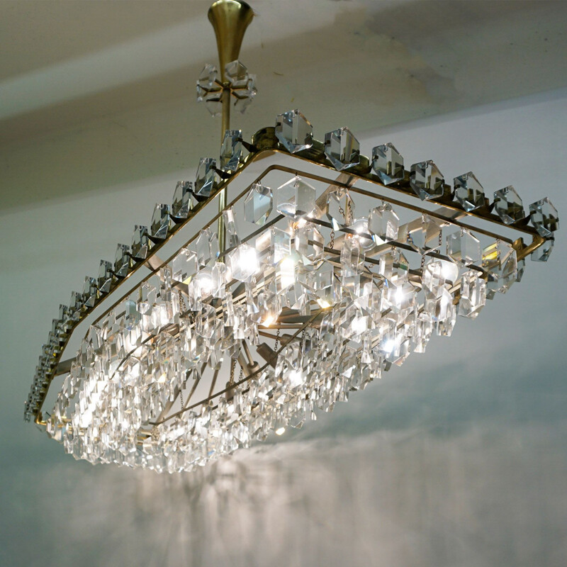 Large  Midcentury Brass and Crystal Glass Chandelier by Oswald Haerdtl for J.L. Lobmeyr Austrian