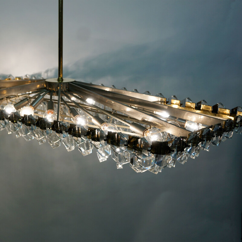 Large  Midcentury Brass and Crystal Glass Chandelier by Oswald Haerdtl for J.L. Lobmeyr Austrian