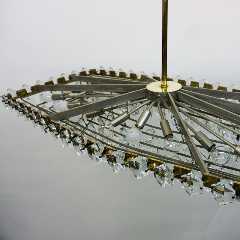 Large  Midcentury Brass and Crystal Glass Chandelier by Oswald Haerdtl for J.L. Lobmeyr Austrian