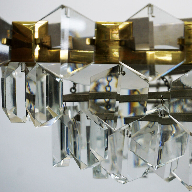 Large  Midcentury Brass and Crystal Glass Chandelier by Oswald Haerdtl for J.L. Lobmeyr Austrian