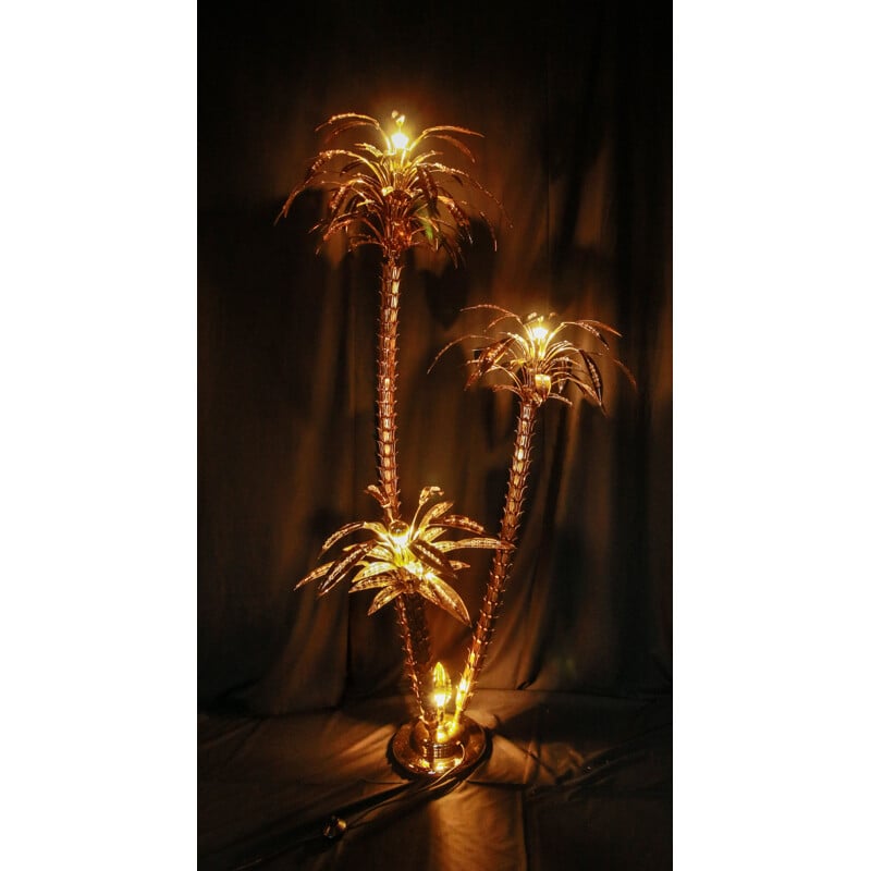 Lampe vintage à trois palmiers fer et laiton doré, Italie 1960
