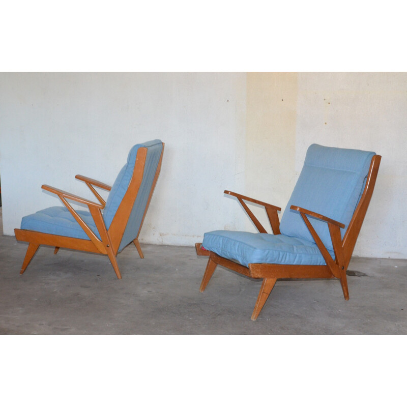 Pair of blue armchairs "FS141", Free-Span - 1950s