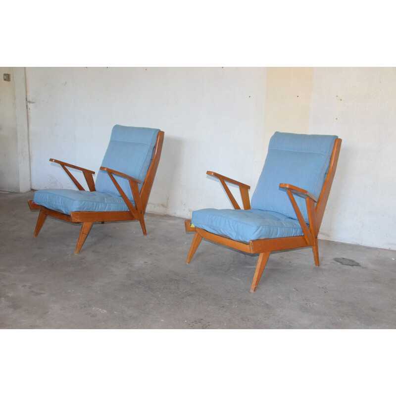 Pair of blue armchairs "FS141", Free-Span - 1950s