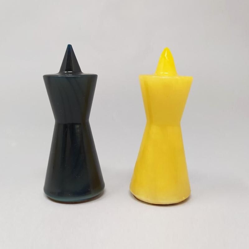 Jeu d'échecs vintage Chiellini bleu et beige en albâtre fait main à Volterra en Italie 1960