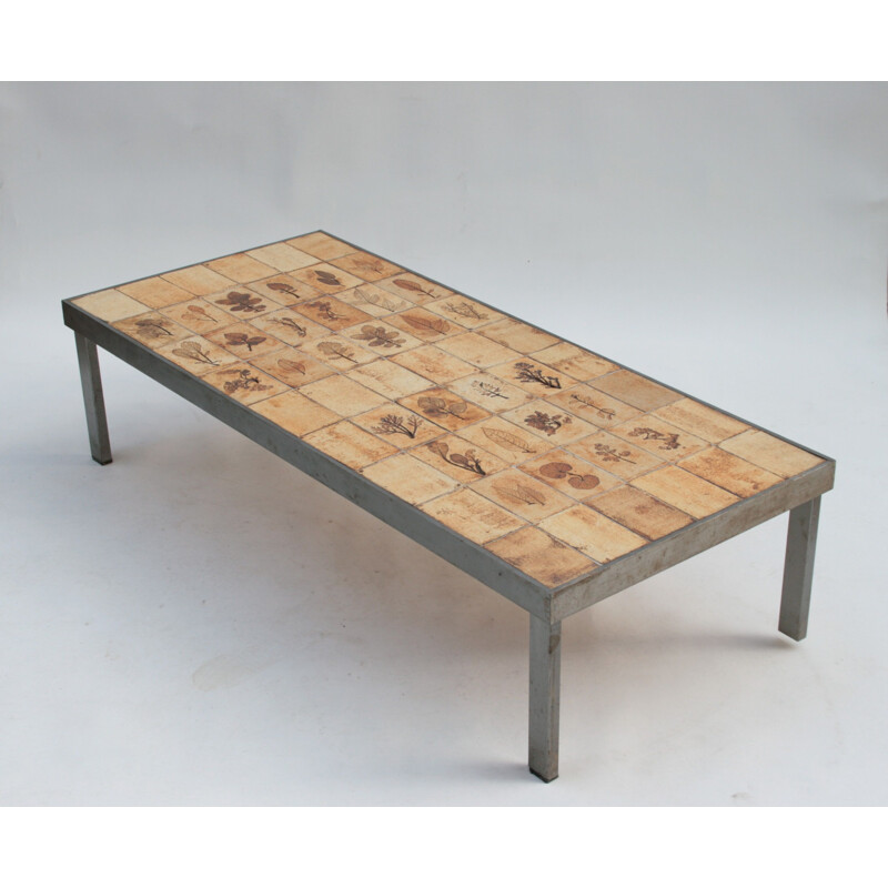 Vintage rectangular coffee table metal and ceramic herbarium by Roger Capron 1960s
