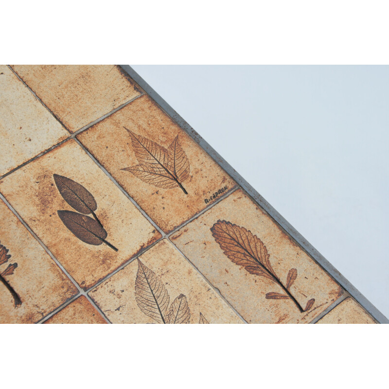 Vintage rectangular coffee table metal and ceramic herbarium by Roger Capron 1960s