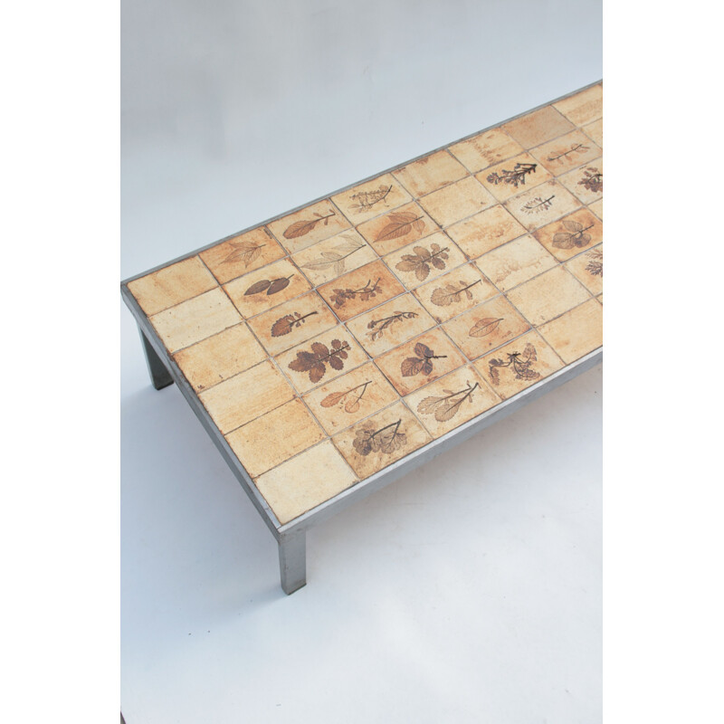 Vintage rectangular coffee table metal and ceramic herbarium by Roger Capron 1960s