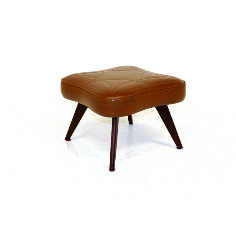 Vintage wooden and leather ottoman Sweden 1960s