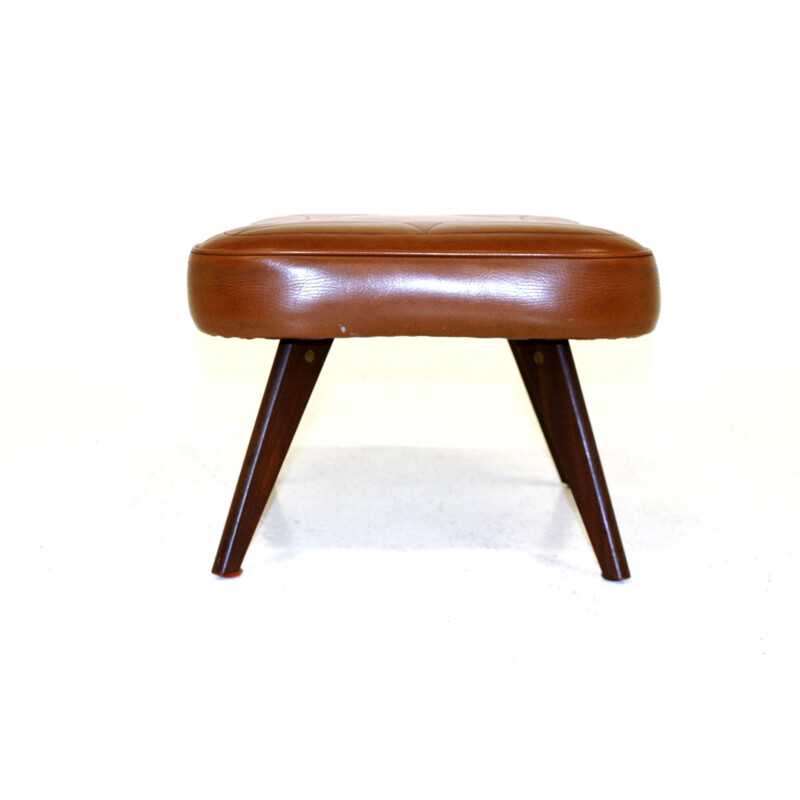 Vintage wooden and leather ottoman Sweden 1960s