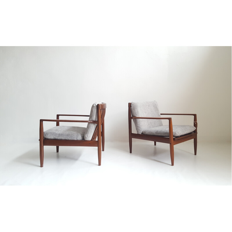 Pair of grey armchair in massif teak wood, Grete JALK - 1960s 