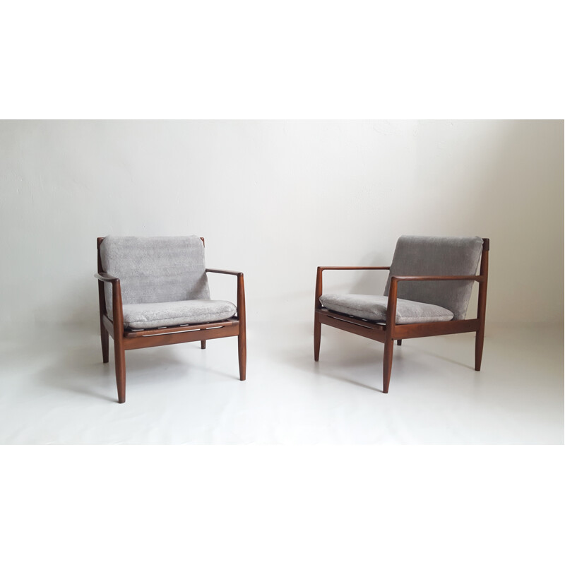 Paire de fauteuils gris en bois de teck, Grete JALK - 1960