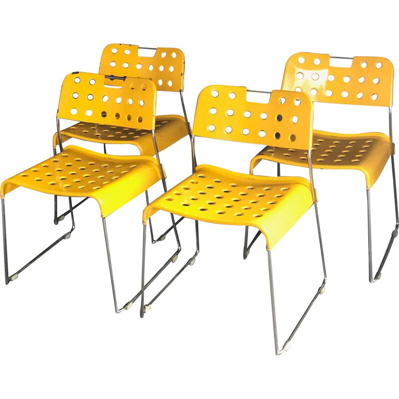 Lot de 4 chaises vintage Omstak jaune Rodney Kinsman Italie