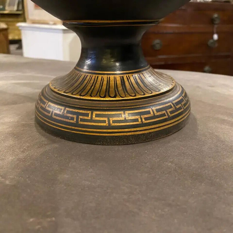 Vintage Handcrafted Black and Gold Terracotta Greek Crater Vase 1950s