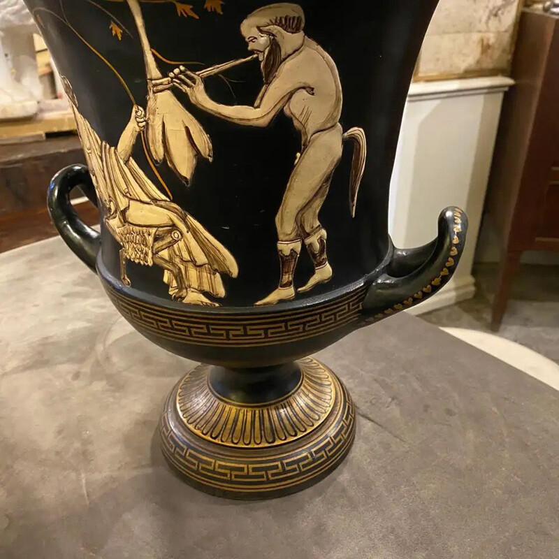 Vintage Handcrafted Black and Gold Terracotta Greek Crater Vase 1950s