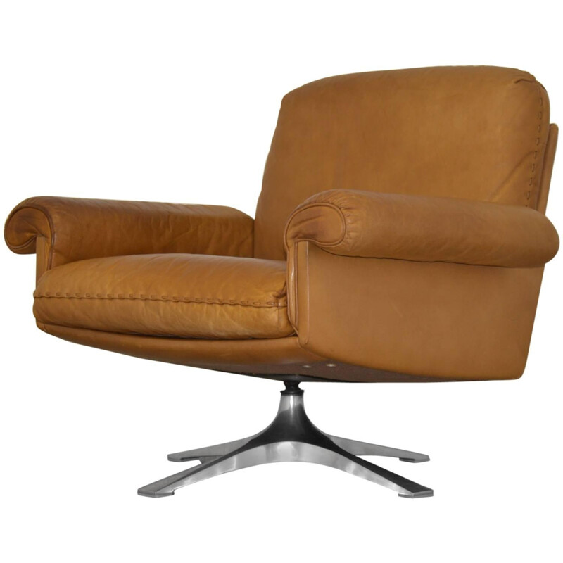 "DS 31" De Sede swivel armchair in brown cognac leather - 1970s