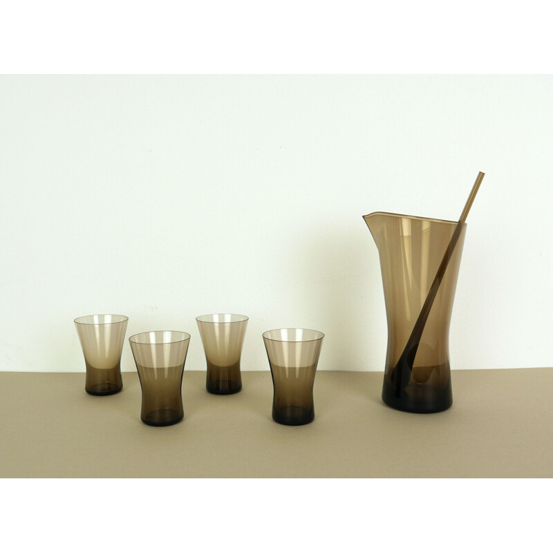 Vintage juice carafe in smoked glass by Henry Löffelhardt for Farben Glaswerke, 1960