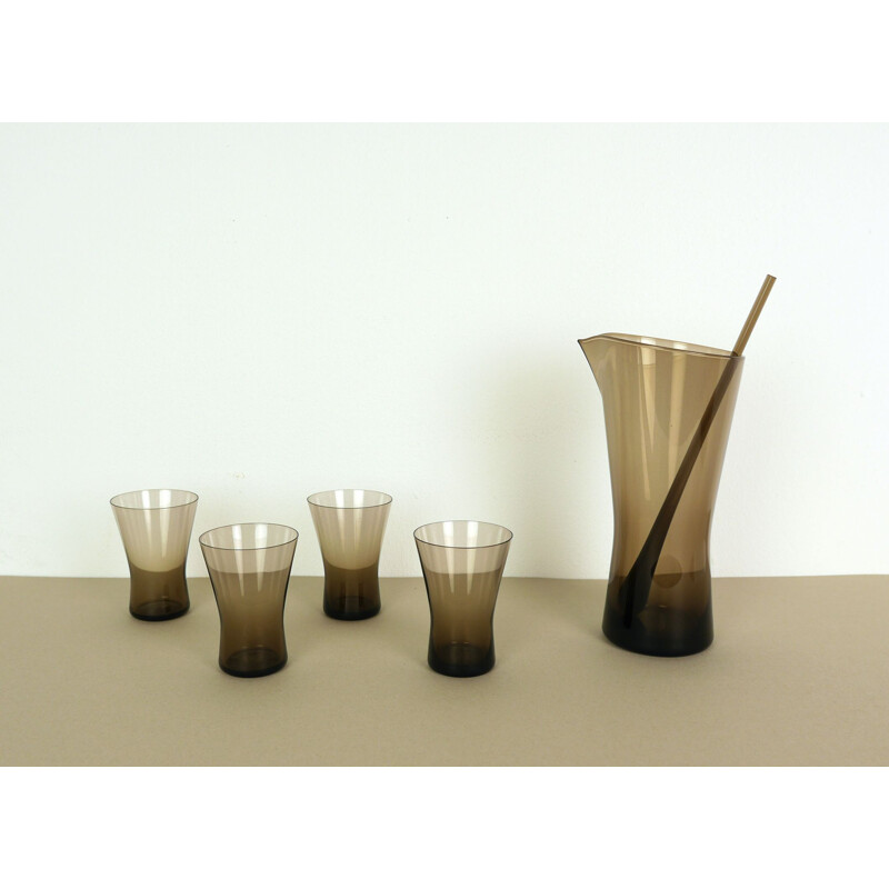 Vintage juice carafe in smoked glass by Henry Löffelhardt for Farben Glaswerke, 1960