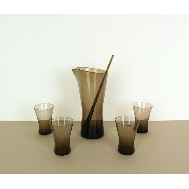 Vintage juice carafe in smoked glass by Henry Löffelhardt for Farben Glaswerke, 1960