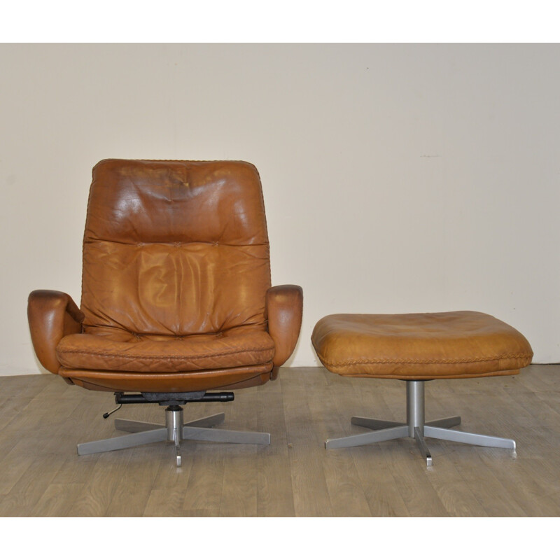 "S-231" De Sede armchair and foot rest in brown beige leather - 1960s