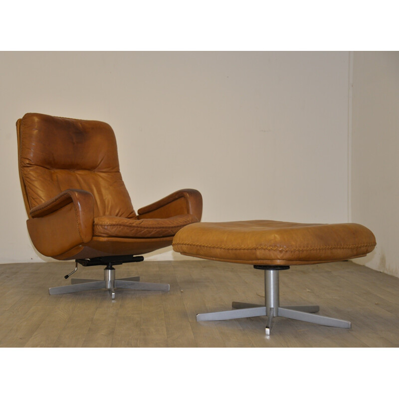 "S-231" De Sede armchair and foot rest in brown beige leather - 1960s