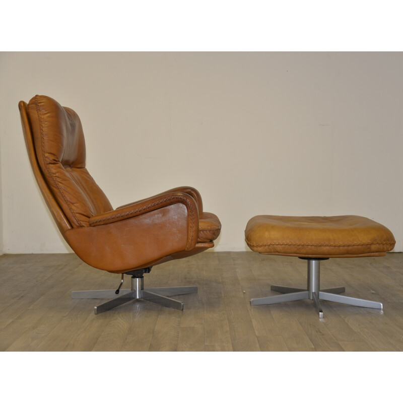 "S-231" De Sede armchair and foot rest in brown beige leather - 1960s