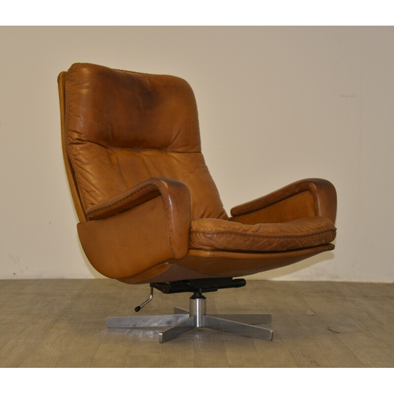 "S-231" De Sede armchair and foot rest in brown beige leather - 1960s