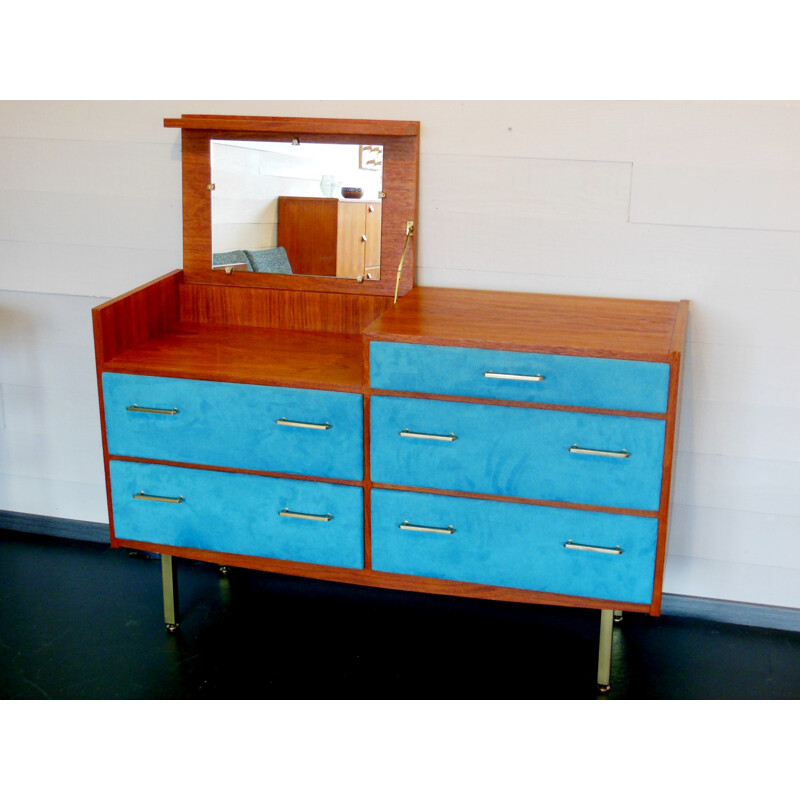 Chest of drawers or dressing table in teak, brass and Alcantara fabric, Roger LANDAULT - 1960s