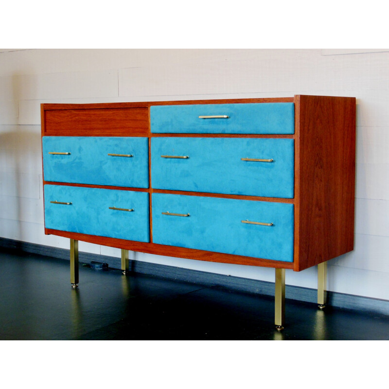 Chest of drawers or dressing table in teak, brass and Alcantara fabric, Roger LANDAULT - 1960s