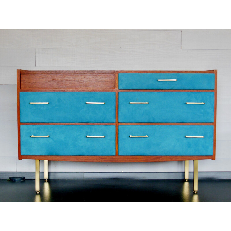 Chest of drawers or dressing table in teak, brass and Alcantara fabric, Roger LANDAULT - 1960s