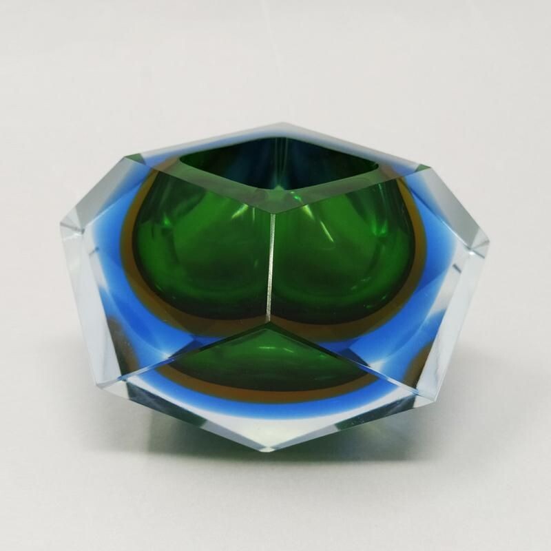 Vintage Astonishing Big Green and Blue Ashtray or Vide Poche By Flavio Poli for Seguso 1960s