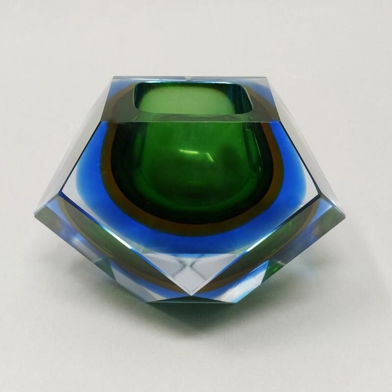 Vintage Astonishing Big Green and Blue Ashtray or Vide Poche By Flavio Poli for Seguso 1960s