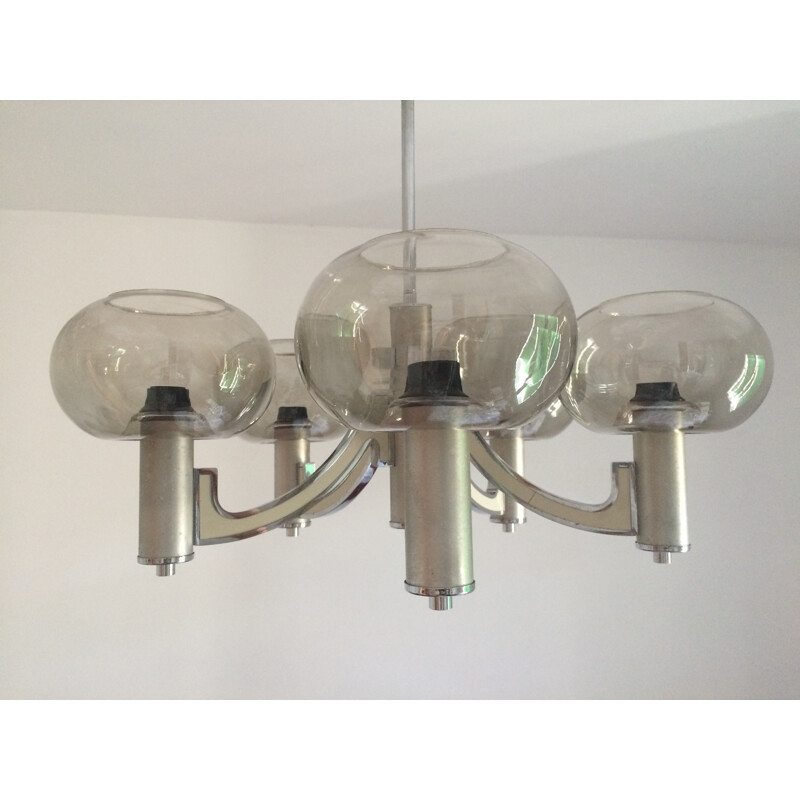 Italian chandelier in metal and smoked glass, Gaetano SCIOLARI - 1970s