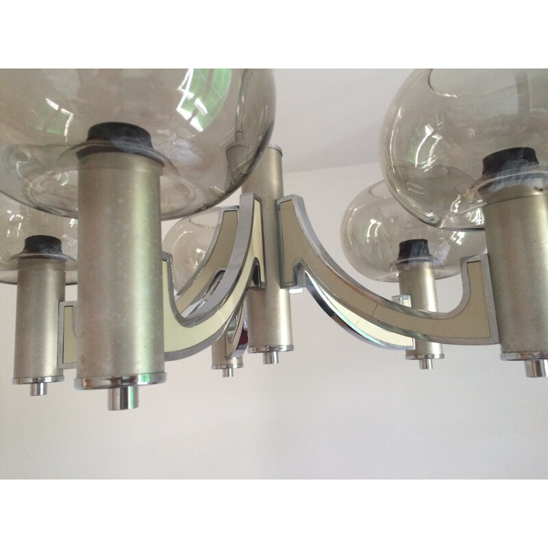 Italian chandelier in metal and smoked glass, Gaetano SCIOLARI - 1970s