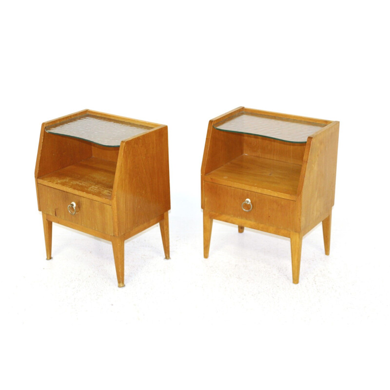 Pair of vintage elm and glass bedside tables Sweden 1940s